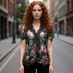 Alison Sheri Ruffled Front Floral Polka Dot Blouse Size M